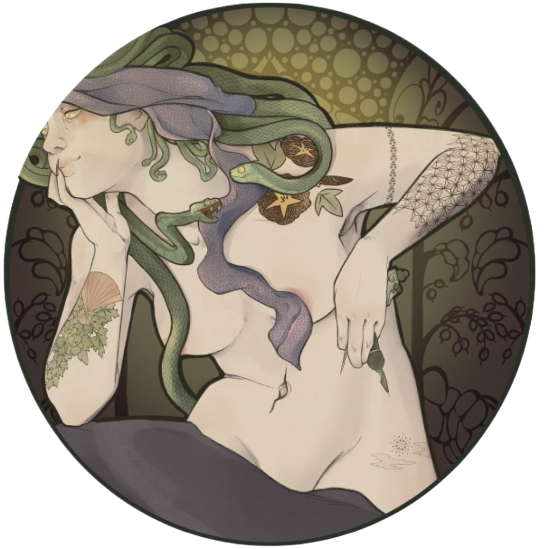 Medusa Lyon : nail art, maquillage professionnel, strass dentaires, tatouage artistique et boutique ésotérique dans un univers mystique et vintage.